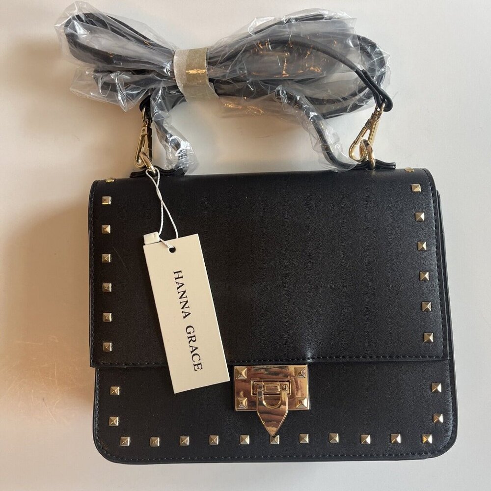 Hanna Grace Crossbody Black Faux Leather Purse Hobnail Trim Detachable Strap NWT